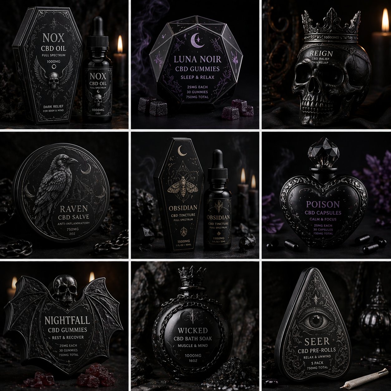 Gothic Dark CBD Line — Nox, Luna Noir, Obsidian